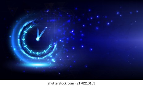 Futuristic Sci-Fi glowing HUD time fading. Abstract time machine and polygon hi-tech background. Data digital clock of head-up display interface. Virtual reality technology timer. Deadline concept