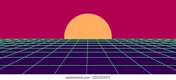 Futuristic sci-fi grid landscape in retro style. Digital cybernetic surface. Perspective mesh that setting behind horizontal line. Album cover or banner in 80-90 style. Vector illustration.