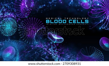 Futuristic sci-fi hematology concept. Abstract digital glowing blue and purple structure of red blood cells. Medical technology background. Vector illustration.