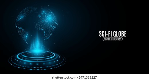 Futuristic sci-fi hologram Earth globe with glowing HUD circle. Modern digital world map with global network. Vector illustration. EPS 10.