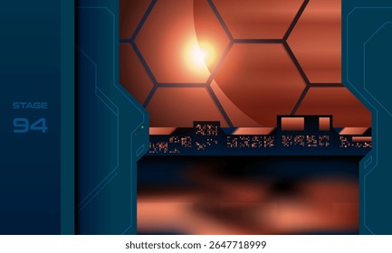 Interior de ficção científica futurista com um painel de controle brilhante e uma janela em forma de hexágono voltada para uma estrela distante. Corredor de alta tecnologia dentro de uma estação espacial ou nave espacial.