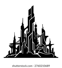Futuristic Sci-Fi Megacity Skyline Vector Silhouette Complex Geometric Metropolis Architecture Illustration for Modern Digital Gaming Background and Tech Design