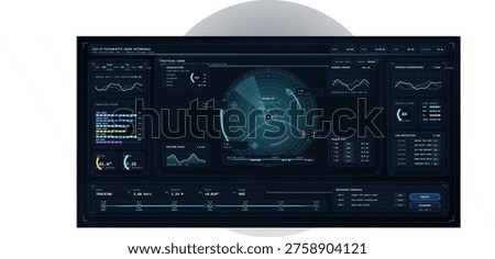 A futuristic sci-fi user interface featuring a tactical core with radar tracking, data visualization graphs, and status monitoring bars on a dark digital control panel background.