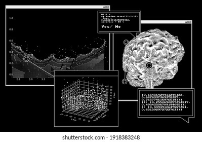 Futuristische sci-fi-Benutzeroberfläche mit Forschungsdaten, Magnetresonanztomographie des menschlichen Gehirns. HUD UI mit Callout-Baretiketten, Informationsboxen, digitalen Datenkarten.