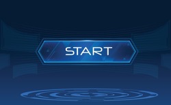 Futuristic Screen Blue Background With Start Button Floating In Space. Screens Revolving Around The Button Box Makes It Look Science Fiction Scene. Vectors Can Be Turn Into Motion Graphics.