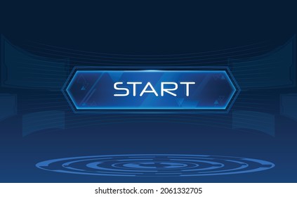 Futuristic screen blue background with start button floating in space. Screens revolving around the button box makes it look science fiction scene. Vectors can be turn into motion graphics.