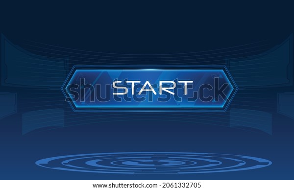 Futuristic screen blue background with start\
button floating in space. Screens revolving around the button box\
makes it look science fiction scene. Vectors can be turn into\
motion graphics.