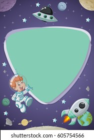 Futuristic screen board with astronaut cartoon boy in the space.
