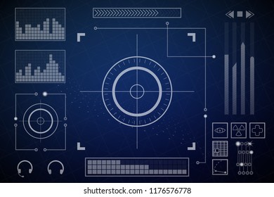 Futuristic screen. Charts and dashboards. Vector illustration. Blue and white colors.