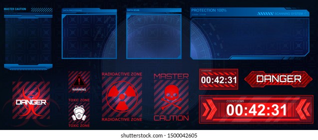 Futuristic screens HUD, GUI, UI and set titles (warning, danger сounthdown and other). Futuristic User Interface, frame screens. Hi-tech callout bar labels, digital templates. Vector callout titles