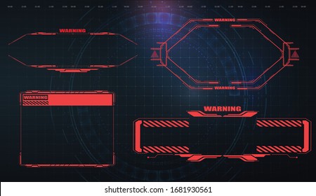 Futuristic screens HUD, GUI, UI and titles warning, danger. Warning. Conceptual Layout with HUD elements for print and web. Futuristic red warning frame. Hi-tech callout bar labels,digital templates