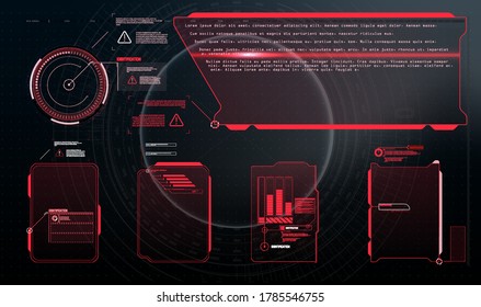 Pantallas futuristas HUD, GUI, UI y títulos de juego (advertencia, peligro с ounthdown y otros). Interfaz de usuario futurista, pantallas de cuadro. Etiquetas de barra de llamadas de alta tecnología, plantillas digitales. Títulos de llamadas de vectores