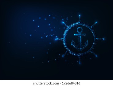 Futuristic sea adventure concept with glowing low polygonal ship wheel and anchor isolated on dark blue background. Modern wire frame mesh design vector illustration.