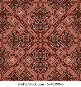 Futuristic seamless ethnic symmetrical pattern, geometric background in brown tones