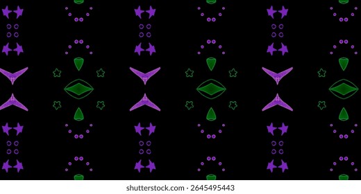 Futuristic seamless neon geometric pattern in green and purple on a black background. 