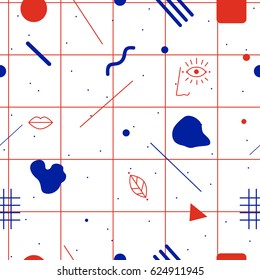 Futuristic seamless pattern with face, lips and leaves, vector graphic illustration.