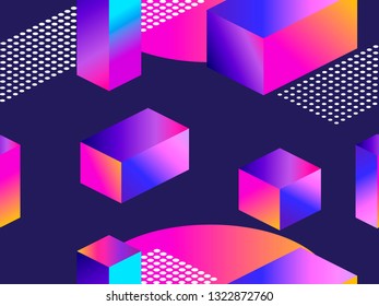 Futuristic seamless pattern with geometric shapes. Gradient with purple tones. 3d isometric shape. Synthwave retro background. Retrowave. Vector illustration