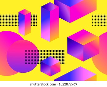 Futuristic seamless pattern with geometric shapes. Gradient with purple tones. 3d isometric shape. Synthwave retro background. Retrowave. Vector illustration