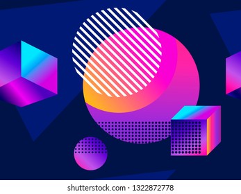 Futuristic seamless pattern with geometric shapes. Gradient with purple tones. 3d isometric shape. Synthwave retro background. Retrowave. Vector illustration