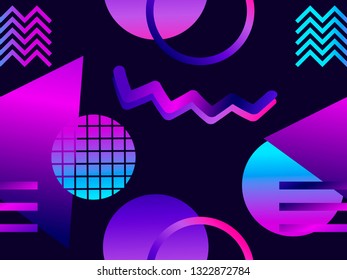 Futuristic seamless pattern with geometric shapes. Gradient with purple tones. Synthwave retro background. Retrowave. Vector illustration