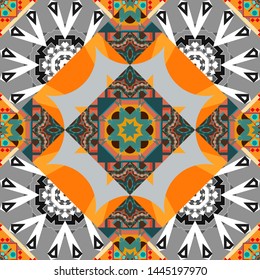 Futuristic seamless pattern in orange, brown and gray colors. Multicolor vector sketch. Geometric polygonal design. Abstract Mandalas background.
