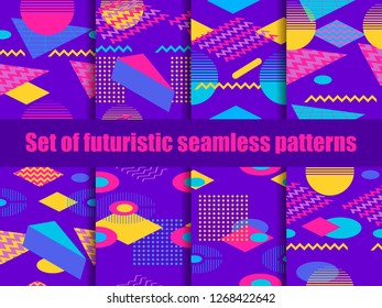 Futuristic seamless pattern set. Geometric elements memphis in the style of 80s. Retro background great for brochures, promotional material and wallpaper. Vector illustration