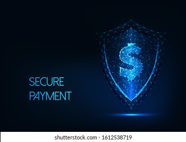 Futuristic secure payment concept with glowing low polygonal dollar sign and protection shield isolated on dark blue background. Financial security. Modern wire frame mesh design vector illustration.