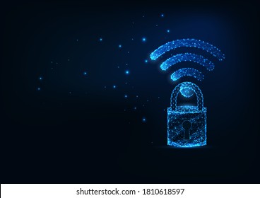 Futuristic secure wireless internet connection concept with glowing low polygonal wi-fi symbol and padlock on dark blue background. Modern wireframe mesh design vector illustration.