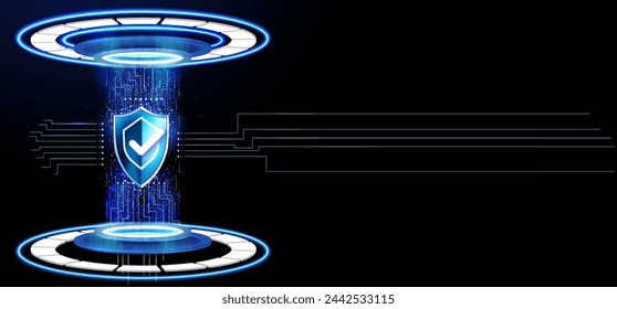 Futuristic Security Interface: A Dynamic Display of Digital Protection with Glowing Circuits and Shield Symbol, Ideal for Representing Advanced Technology in Cybersecurit