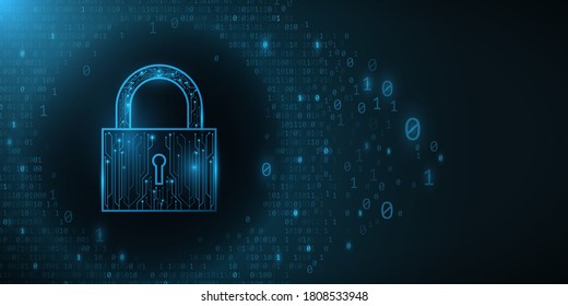 Futuristic security lock from a computer circuit board. Glowing binary code on a dark blue background. Software. Vector illustration. EPS 10.