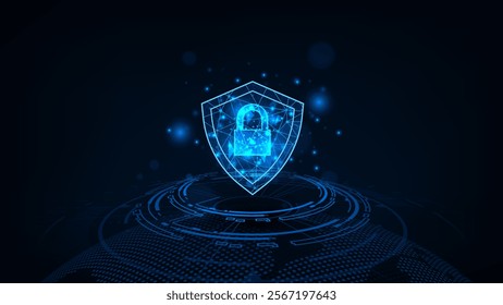 Futuristic security network at center. Digital security cyber data concept. Hud ring with shield technology background.