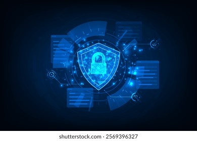 Futuristic security online connection network concept. Cyber security concept. Protect data. Shield on tech circle.