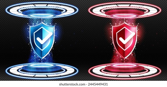 Futuristic Security Shields with Check Marks: Blue and Red Glowing Verification Symbols, Digital Protection Icons for Cybersecurity