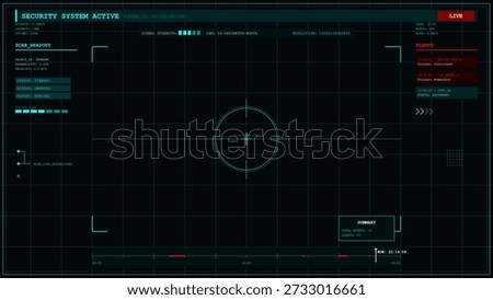A futuristic security system dashboard is shown in this vector illustration, featuring active surveillance data, signal strength, and persistent alerts.