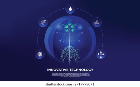 Plántula futurista dentro de una esfera de vidrio translúcido. Representar la conciencia ambiental, la ecología y la protección de la Tierra. Incluye cinco iconos tecnológicos y biotecnológicos, que simbolizan la innovación responsable y la conservación de la naturaleza.