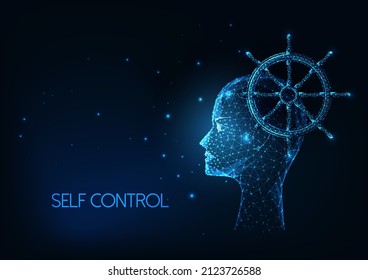 Futuristic self control concept with glowing low polygonal human head and ship wheel isolated