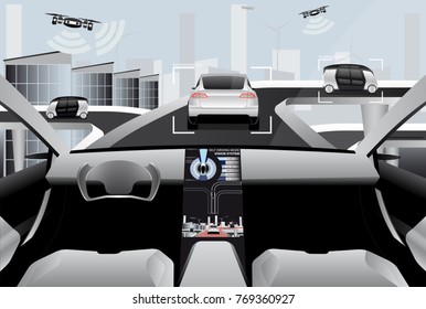 Futuristic self driving car with head up display on a road. Inside view. Artificial intelligence and communication between vehicles and drones.