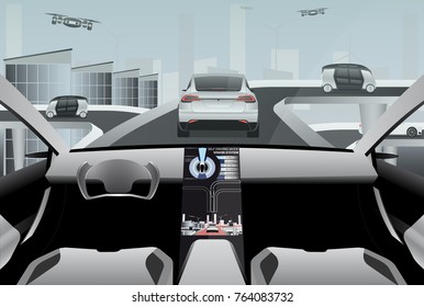 Futuristic self driving car on a high-tech road in the city of the future. Driverless vehicles and drones outside. Vector illustration EPS 10.