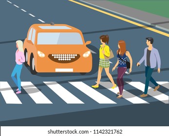  Futuristic self driving smiling car waiting when pedestrians crossing road on crosswalk. Vector illustration