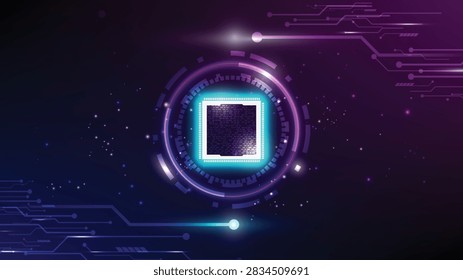 Futuristic semiconductor technology concept featuring a glowing microchip at the center of a high-tech digital interface. Blue and purple circuit lines, connected nodes and luminous particles represent advanced computing, artificial intelligence, processors, semiconductor technology, data processing and digital infrastructure. The modern abstract composition is suitable for technology companies, AI platforms, electronics, chip manufacturing, cloud computing, cybersecurity, digital transformation and innovation concepts.