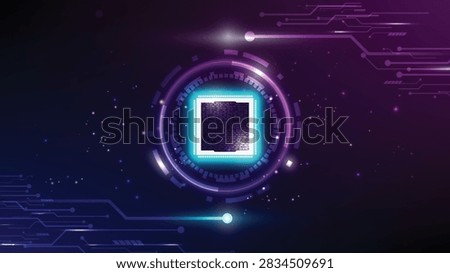 Futuristic semiconductor technology concept featuring a glowing microchip at the center of a high-tech digital interface. Blue and purple circuit lines, connected nodes and luminous particles represent advanced computing, artificial intelligence, processors, semiconductor technology, data processing and digital infrastructure. The modern abstract composition is suitable for technology companies, AI platforms, electronics, chip manufacturing, cloud computing, cybersecurity, digital transformation and innovation concepts.