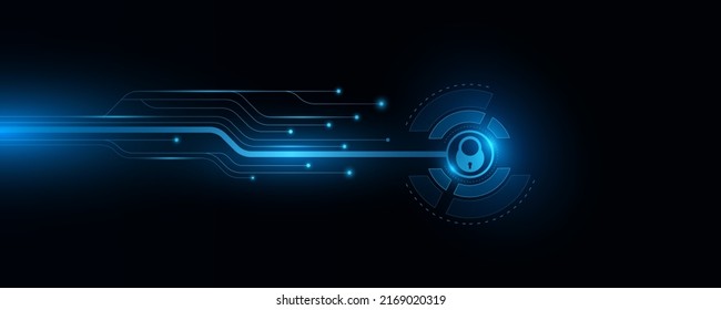 Futuristic sensor panel with lock and glowing computer circuit board. Biometric data security. Dashboard display. HUD round. Big data concept. User protection. Touch screen panel. Vector