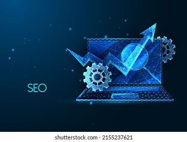 Futuristic SEO Search optimization machine concept with laptop, magnifying glass, arrow and gears 