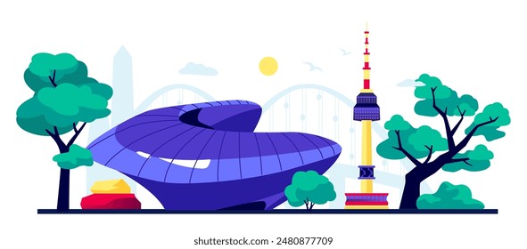 Futuristic Seoul buildings- modern colored vector illustration with Dongdaemun Design Plaza, capital of Korea TV Tower and Bridge in Daejeon in the background. Nature and park trees, city balance