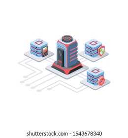 Futuristic server computer. Vector 3d isometric, color web icon, new flat style. Creative illustration design, idea for infographics.