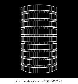 Futuristic server hard disk and database or battery cell. Wireframe mesh model, vector illustration. Web Hosting or cloud computing concept.