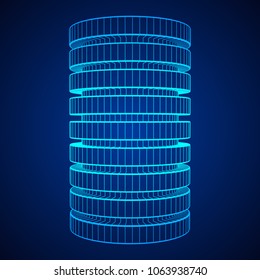 Futuristic server hard disk and database or battery cell. Wireframe mesh model, vector illustration. Web Hosting or cloud computing concept.