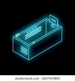 Futuristic server rack with glowing neon blue lights, representing data storage and network infrastructure