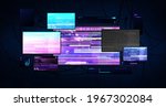 Futuristic server room with screens glitch effect. Dark cyberspace with burning monitors, wires and working equipment. Cyberpunk server room with monitors. Hacking and cyber protection concept. Vector