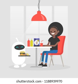 Futuristic service: robot carries a tray with burger and french fries. Modern restaurant. Fast food. Machine learning. Flat editable vector illustration, clip art 